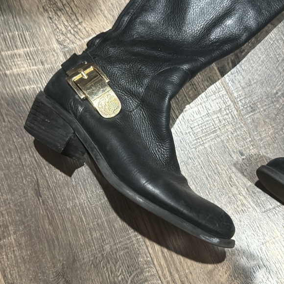 Vince Camuto Black Leather Riding Boots with gold buckles over the knee - Picture 3 of 13